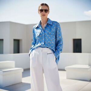 Zara Elephant Print Satin Button Down Shirt – Silky Oversized Retro 70s – Size S